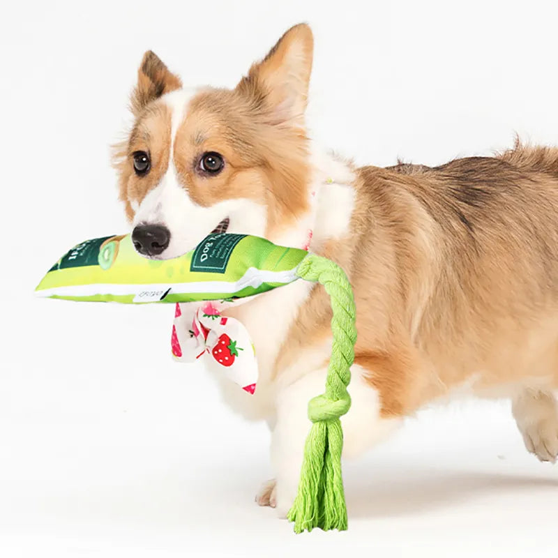 Dog Toy Fruit Jam - Squeaky Toy with Rope for Chewing and Pulling