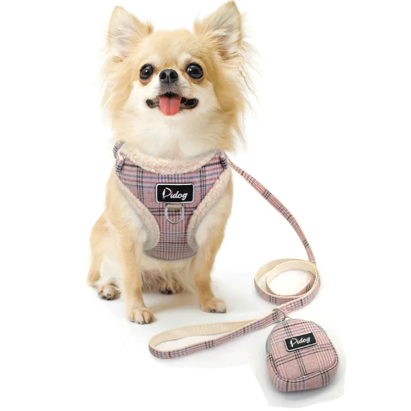 Cosy Dog Harness In Chequered Pattern With Lead - With Practical Dog Bag For Walks