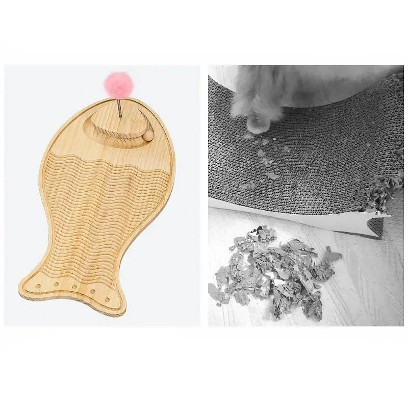 Wooden Cat Toy Scratching Board - Interactive Play Mat With Feather And Ball