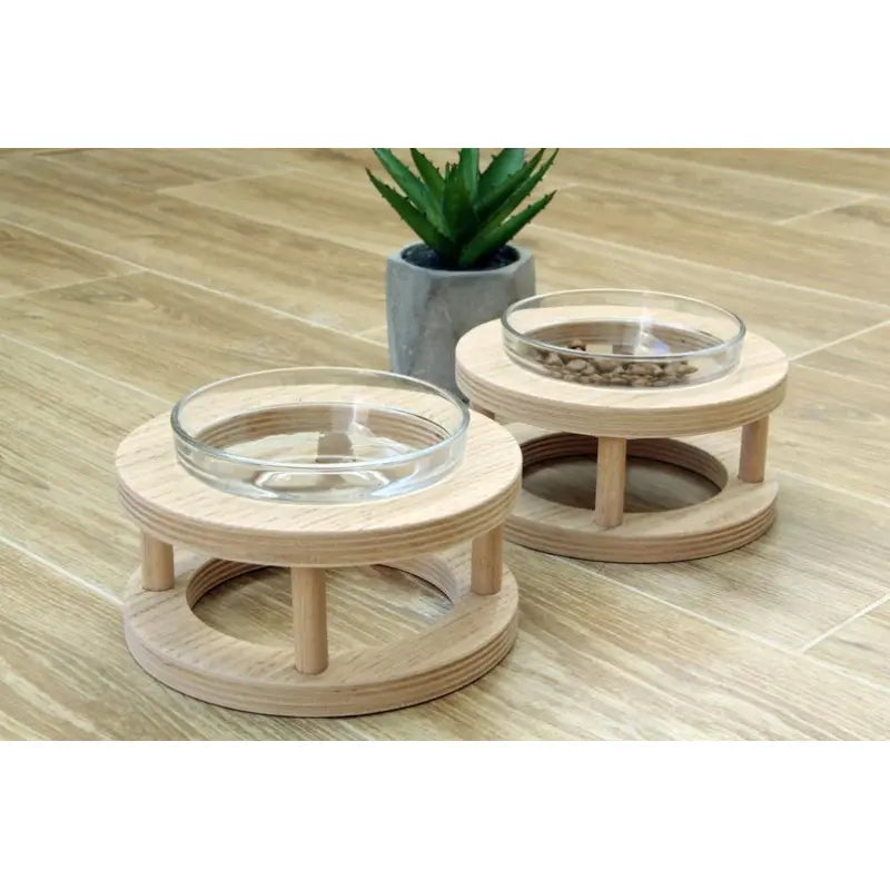 Elevated Food Bowl Set Made Of Wood And Glass For Dogs And Cats With Non-slip Holder