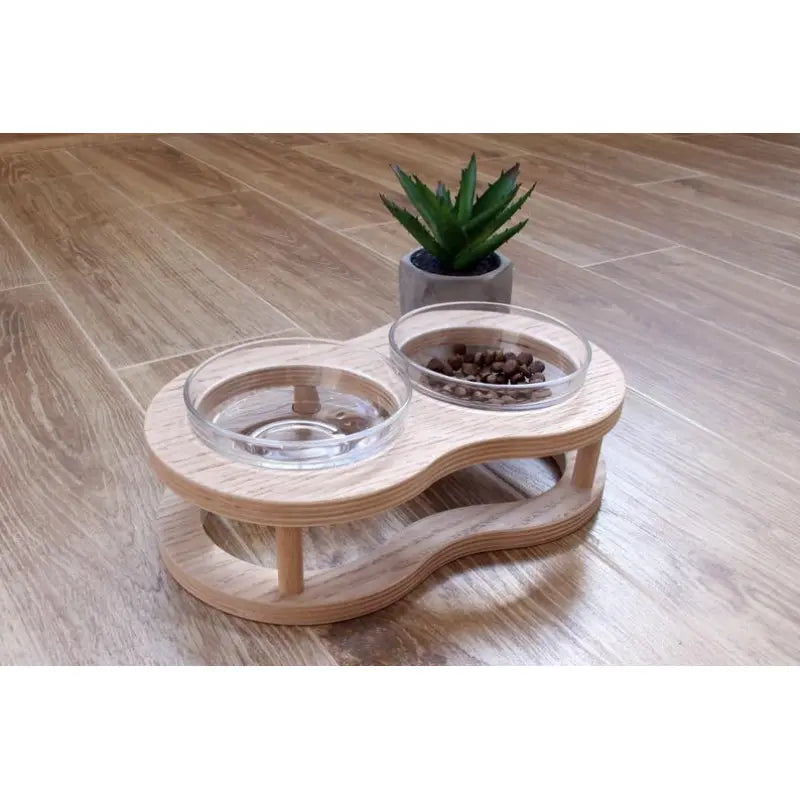 Elevated Food Bowl Set Made Of Wood And Glass For Dogs And Cats With Non-slip Holder