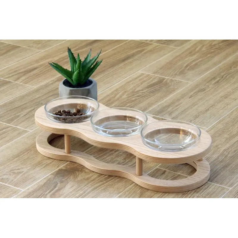 Elevated Food Bowl Set Made Of Wood And Glass For Dogs And Cats With Non-slip Holder