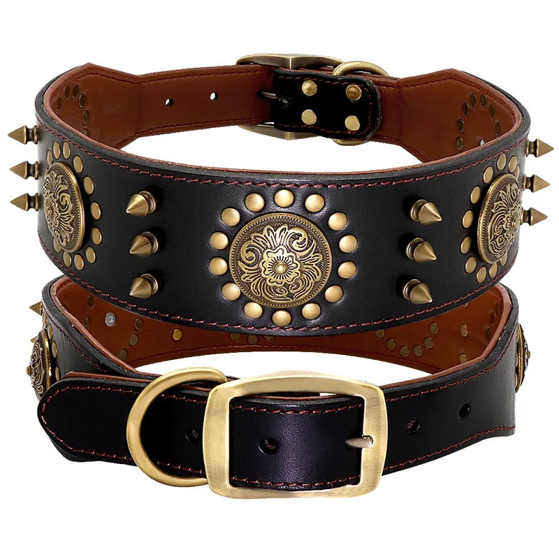 Leather Dog Collar With Rivets And Metal Decorations For Large Dogs
