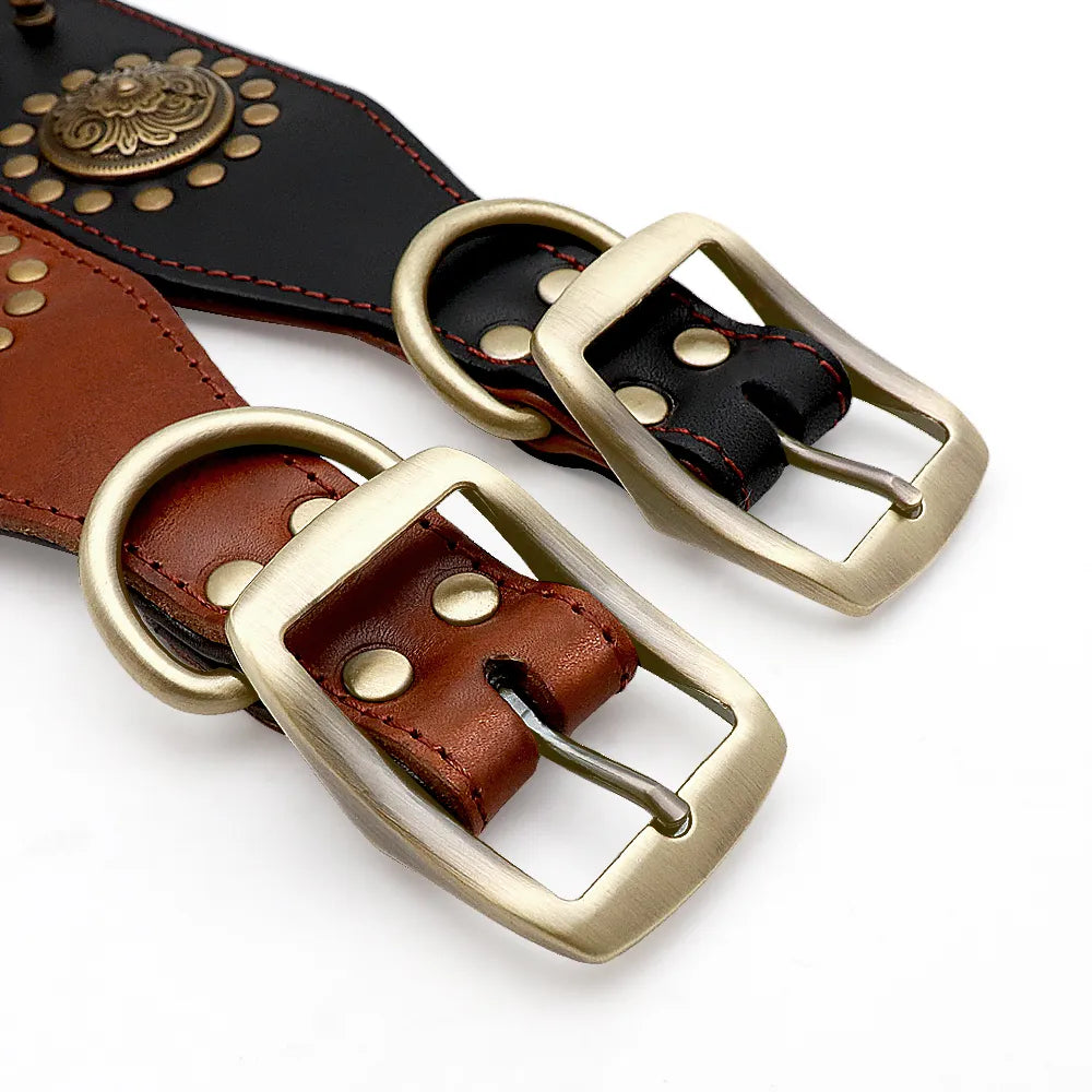 Leather Dog Collar With Rivets And Metal Decorations For Large Dogs
