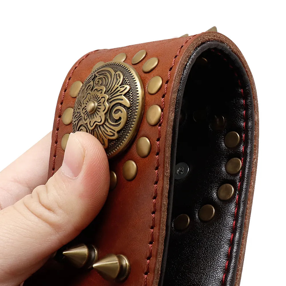 Leather Dog Collar With Rivets And Metal Decorations For Large Dogs