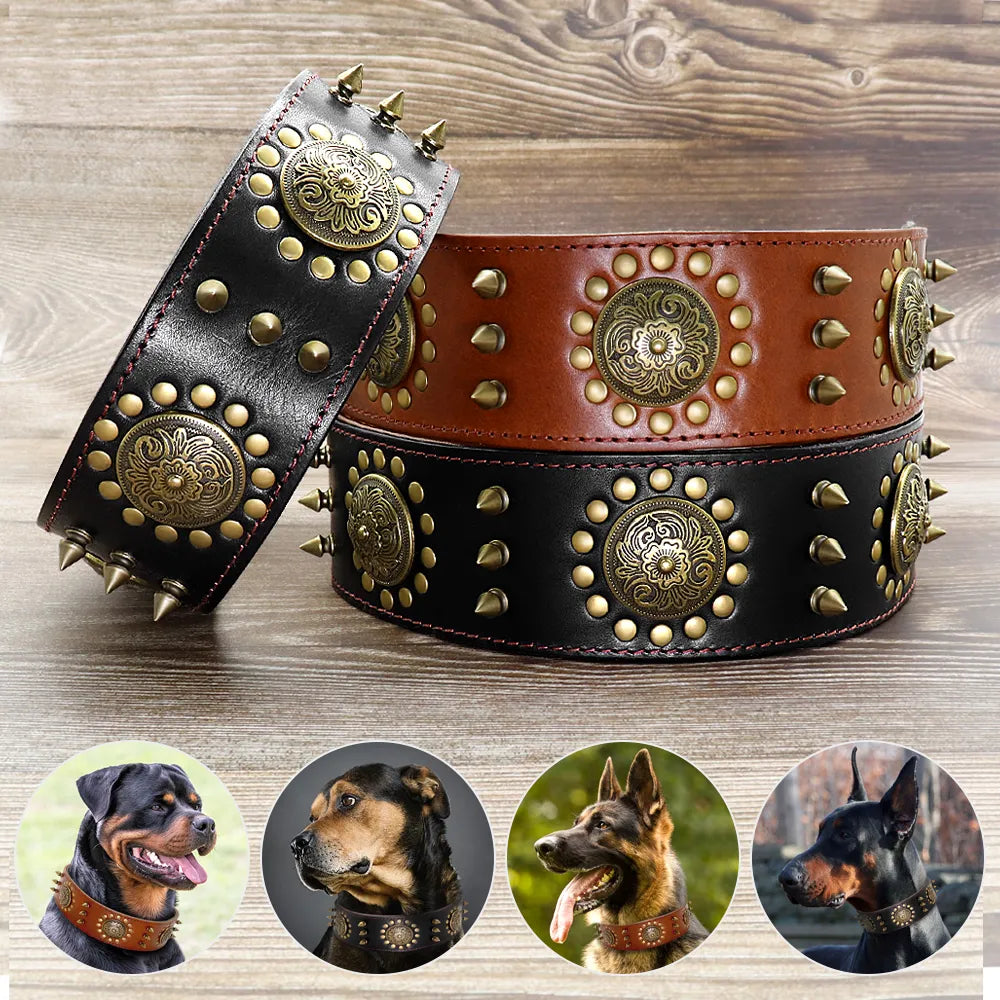 Leather Dog Collar With Rivets And Metal Decorations For Large Dogs