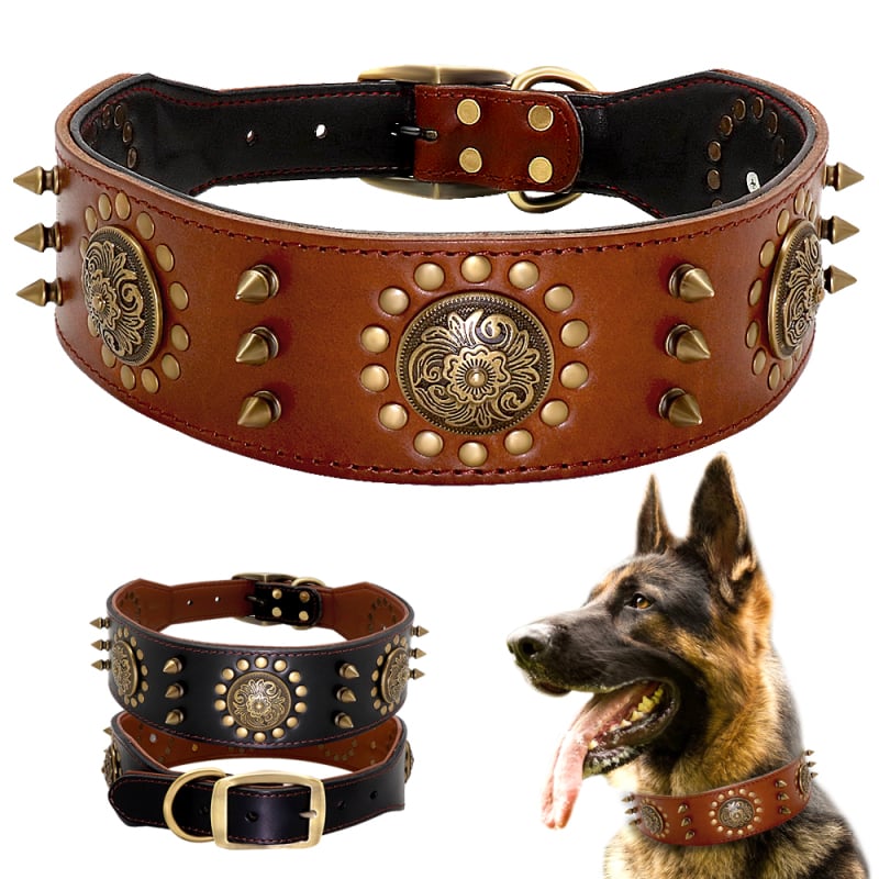 Leather Dog Collar With Rivets And Metal Decorations For Large Dogs