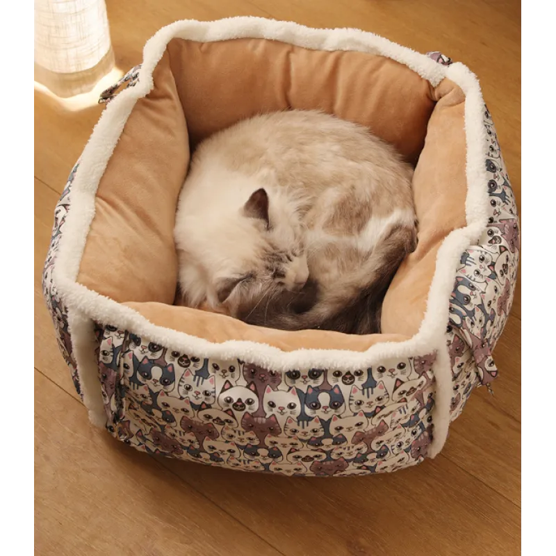 Cat Sleeping Basket With Cute Cat Pattern - Soft And Cosy Basket For Cats