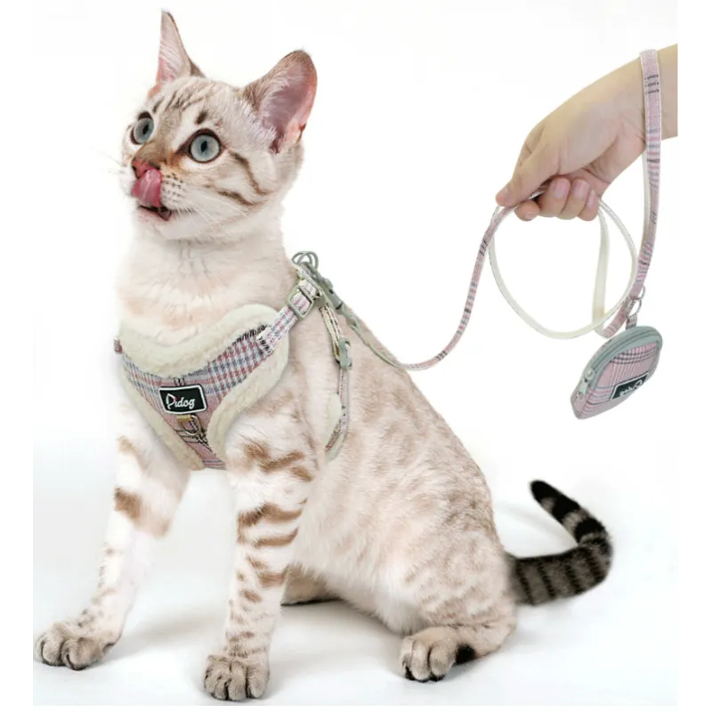 Cosy Dog Harness In Chequered Pattern With Lead - With Practical Dog Bag For Walks