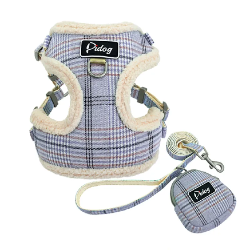 Cosy Dog Harness In Chequered Pattern With Lead - With Practical Dog Bag For Walks