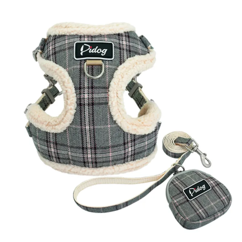 Cosy Dog Harness In Chequered Pattern With Lead - With Practical Dog Bag For Walks