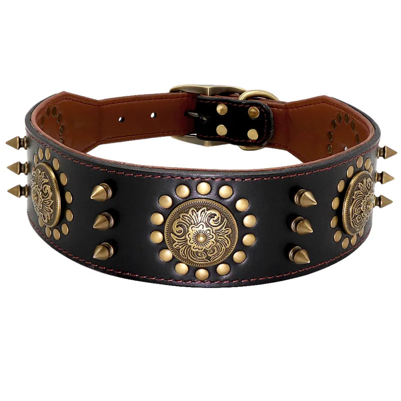 Leather Dog Collar With Rivets And Metal Decorations For Large Dogs