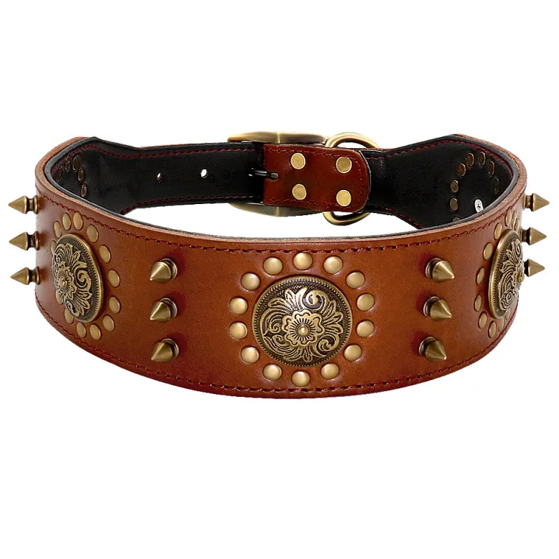Leather Dog Collar With Rivets And Metal Decorations For Large Dogs