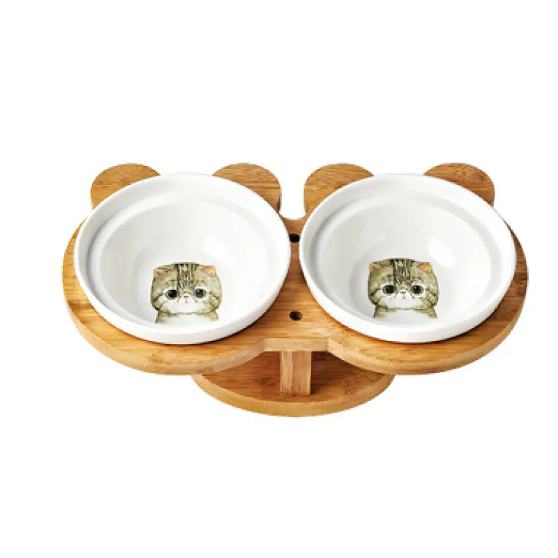 Raised Food Bowl For Cats - Double Ceramic Bowl With Bamboo Stand