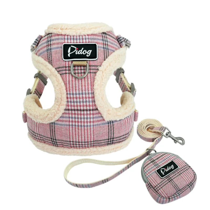 Cosy Dog Harness In Chequered Pattern With Lead - With Practical Dog Bag For Walks