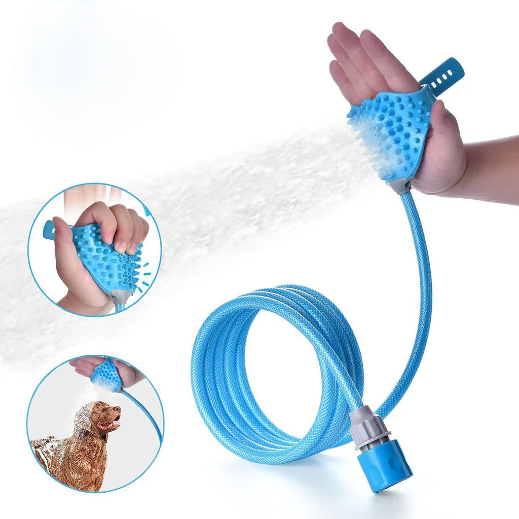 Dog Shower Glove With Integrated Brush Insert And Hose Connection