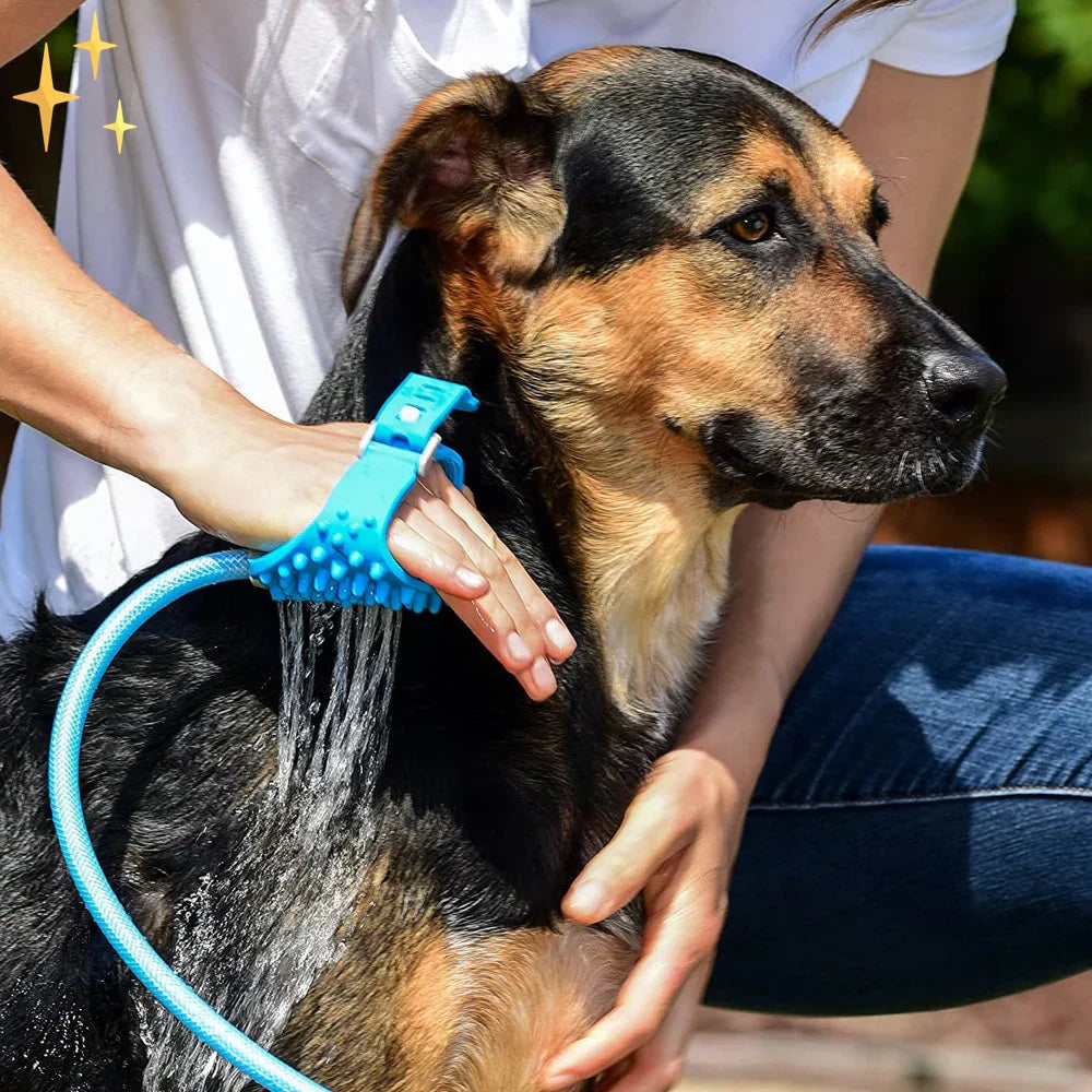 Dog Shower Glove With Integrated Brush Insert And Hose Connection
