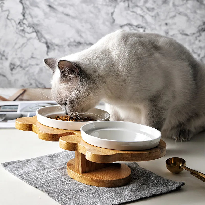 Raised Food Bowl For Cats - Double Ceramic Bowl With Bamboo Stand