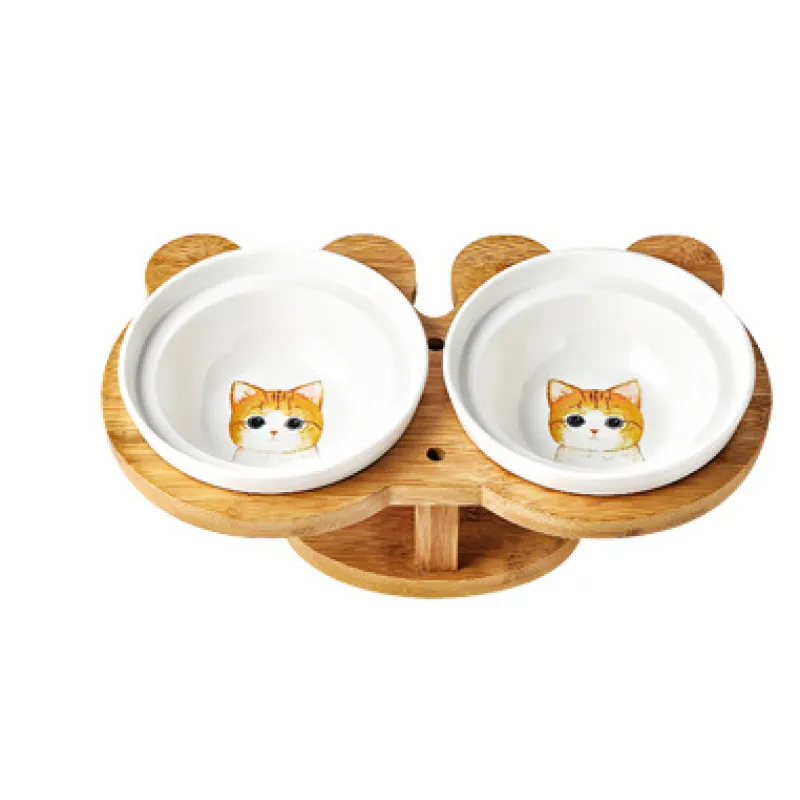 Raised Food Bowl For Cats - Double Ceramic Bowl With Bamboo Stand