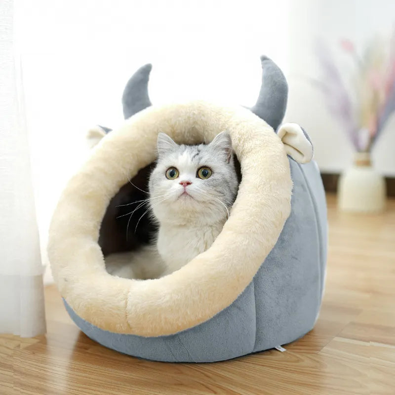 Cat Cave With Ear Design - Soft Pet Bed For Cats To Cuddle Up In
