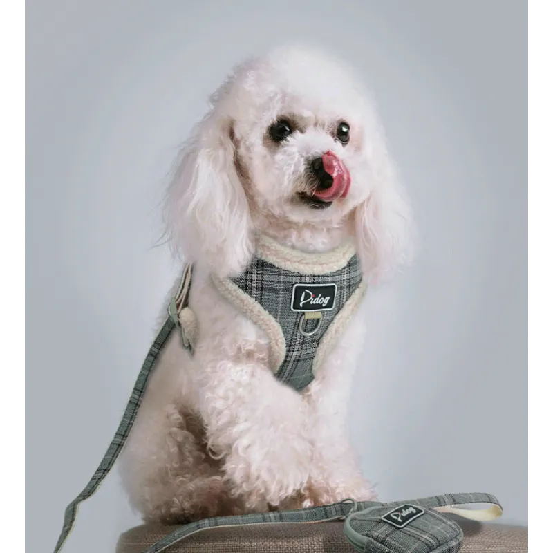 Cosy Dog Harness In Chequered Pattern With Lead - With Practical Dog Bag For Walks
