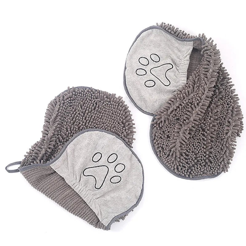 Absorbent Dog Towel Glove With Paw Embroidery For Quick Drying