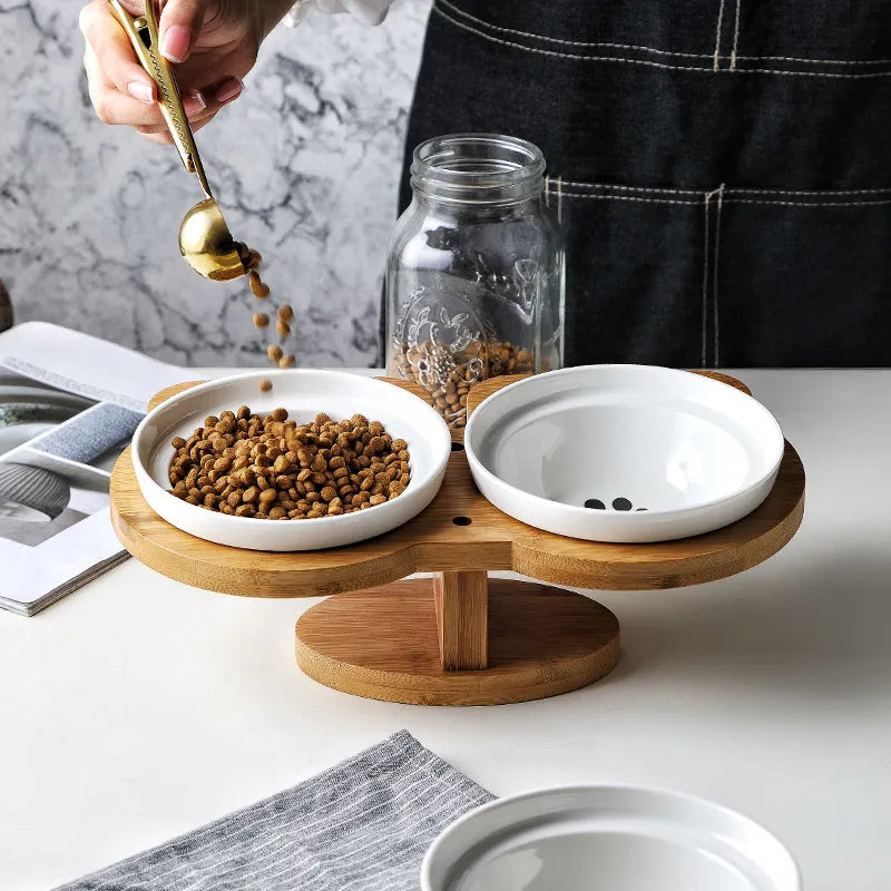 Raised Food Bowl For Cats - Double Ceramic Bowl With Bamboo Stand
