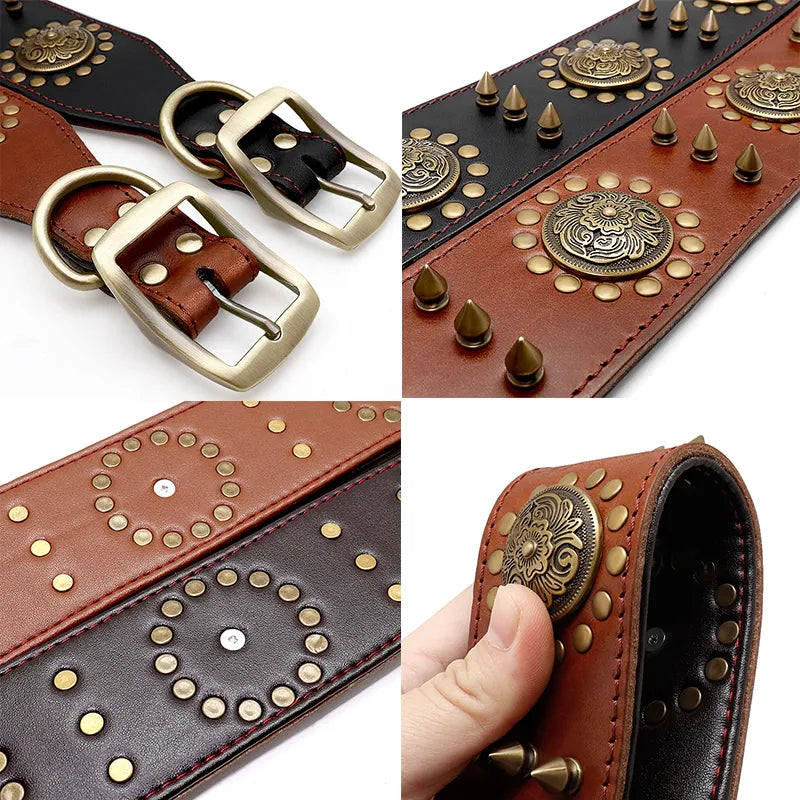 Leather Dog Collar With Rivets And Metal Decorations For Large Dogs