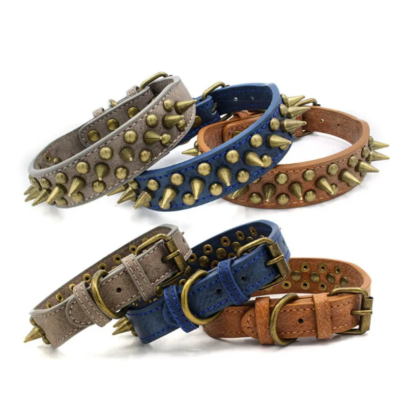 Leather Dog Collar With Rivets And Spikes In 3 Colors