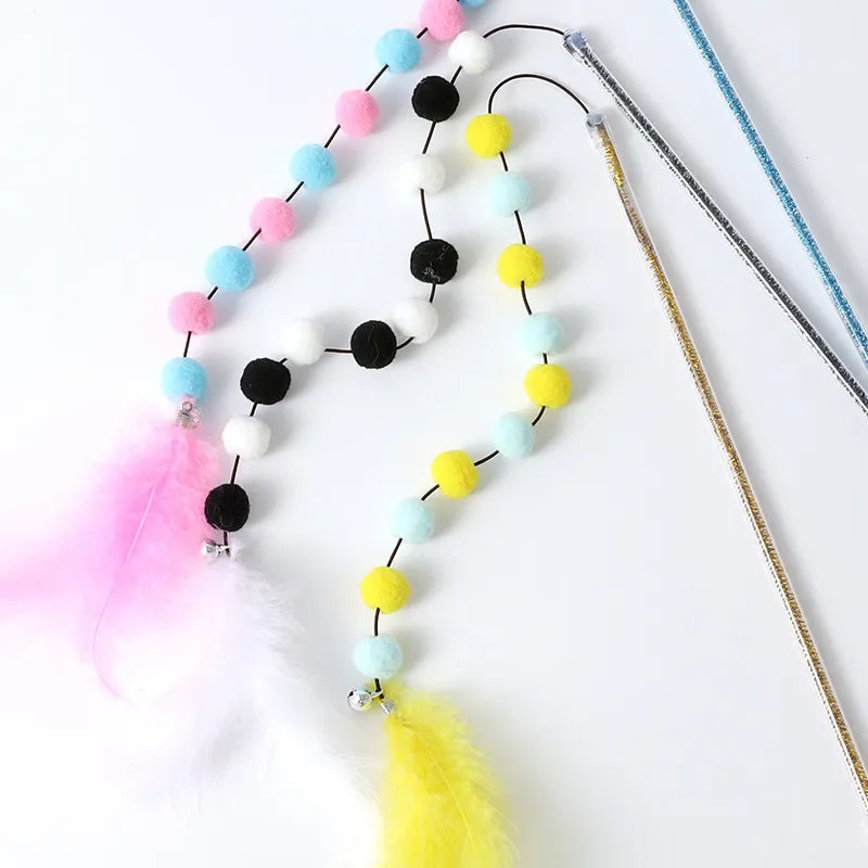 Interactive Cat Toy with Pompoms and Feathers - Play Rod for Cats