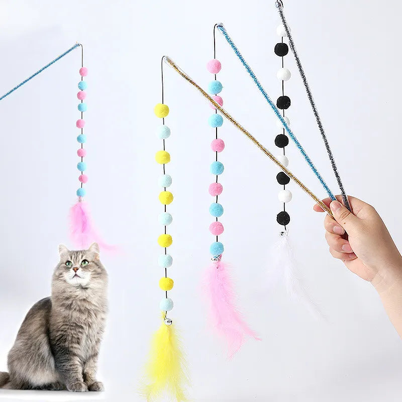 Interactive Cat Toy with Pompoms and Feathers - Play Rod for Cats