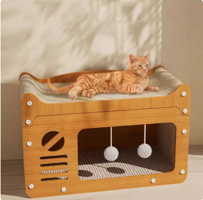 Cat House with Scratching Surface and Integrated Play Area