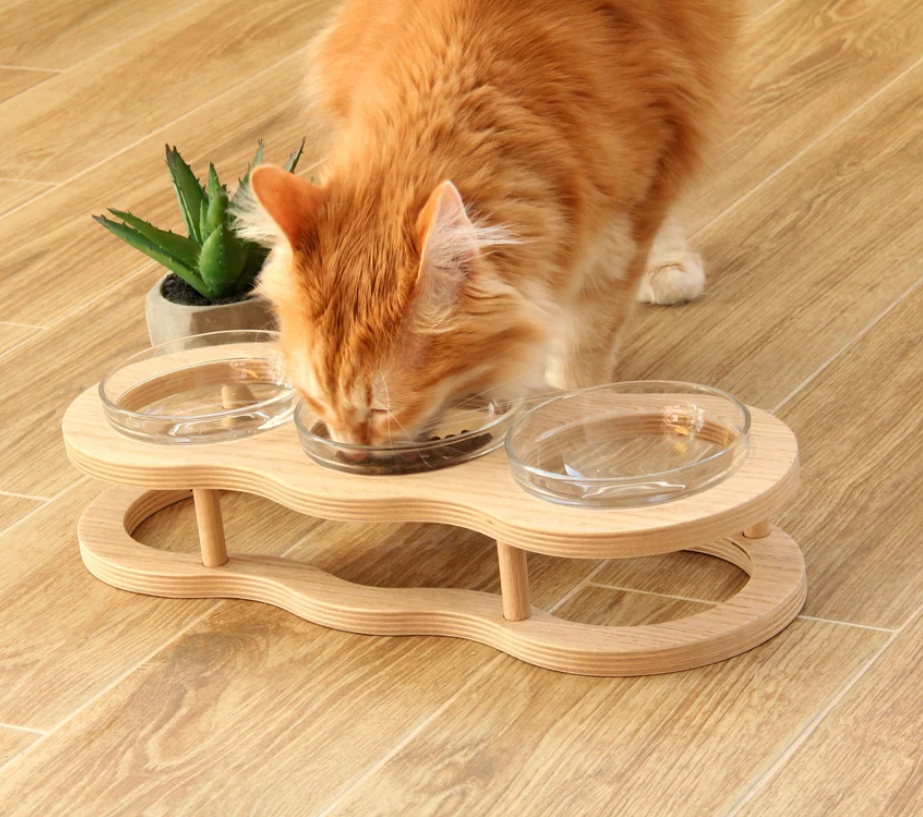 Elevated Food Bowl Set Made Of Wood And Glass For Dogs And Cats With Non-slip Holder