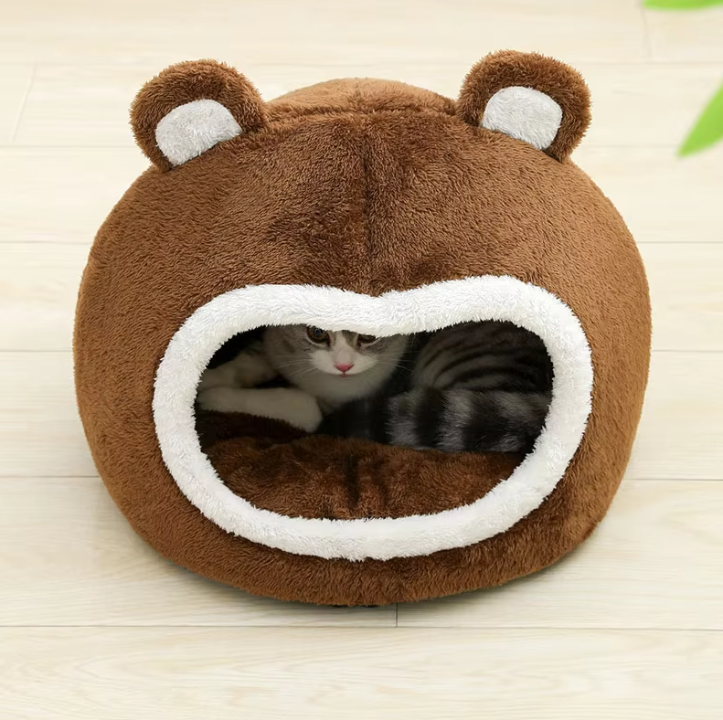 Cat Cave Bear - Fluffy Cat Bed With Non - Slip Base And Thick Padding