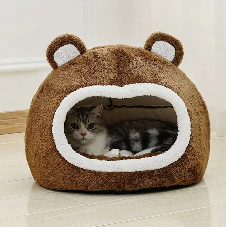 Cat Cave Bear - Fluffy Cat Bed With Non - Slip Base And Thick Padding