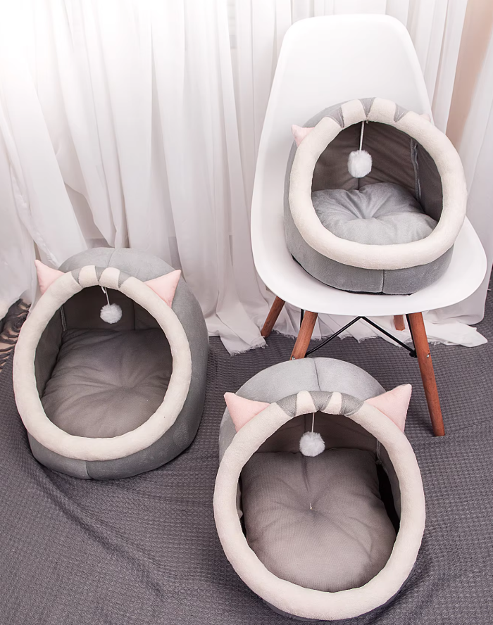 Cuddly Cat Bed Cave - Soft Igloo With Ears Play Ball
