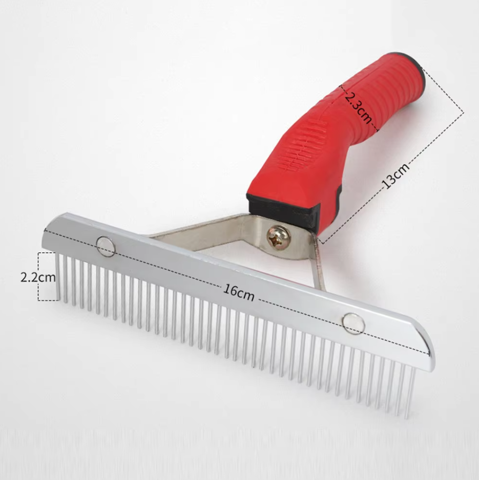 Fur Grooming Rake for Large Dogs with Red Handle and Sturdy Stainless Steel Prongs