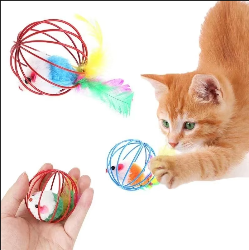 Cat Toy Mouse In Cage With Feather Tail