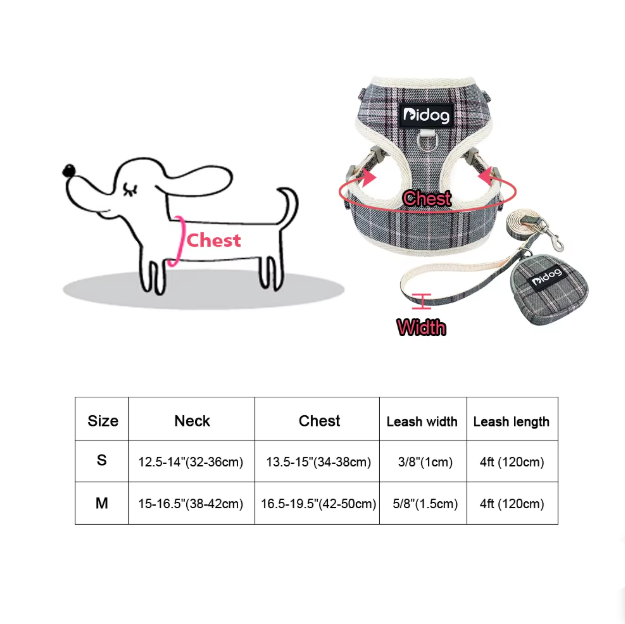 Cosy Dog Harness In Chequered Pattern With Lead - With Practical Dog Bag For Walks