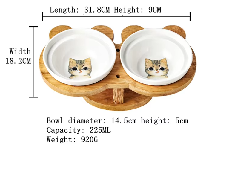 Raised Food Bowl For Cats - Double Ceramic Bowl With Bamboo Stand