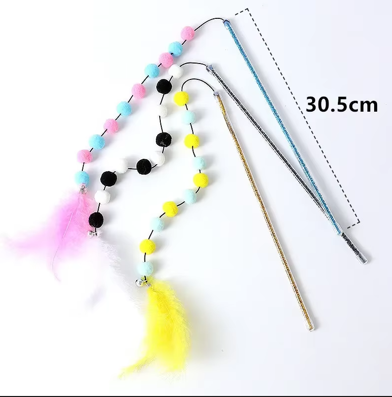 Interactive Cat Fishing Rod With Pom - Pom Feathers - Fun For Curious Cats