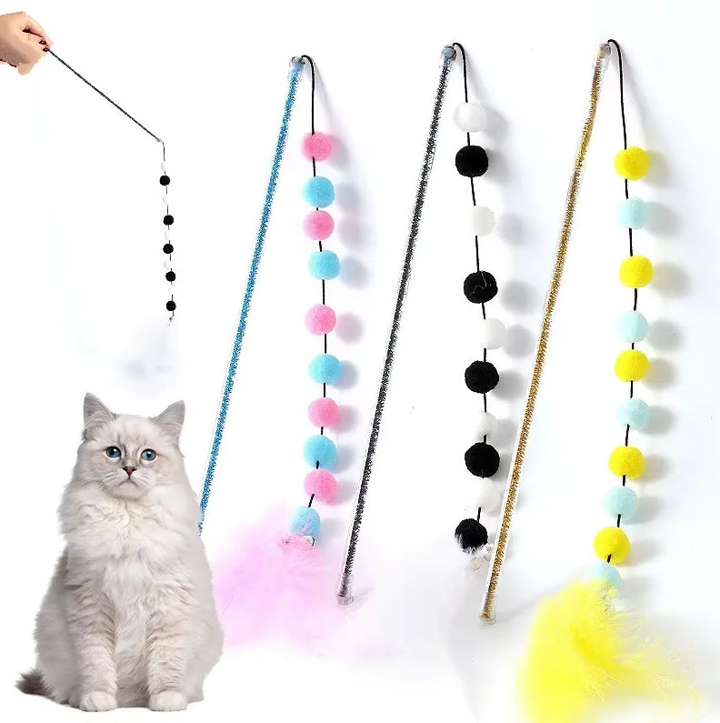 Interactive Cat Fishing Rod With Pom - Pom Feathers - Fun For Curious Cats