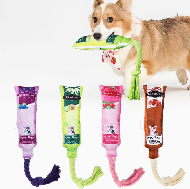 Dog Toy Fruit Jam - Squeaky Toy with Rope for Chewing and Pulling