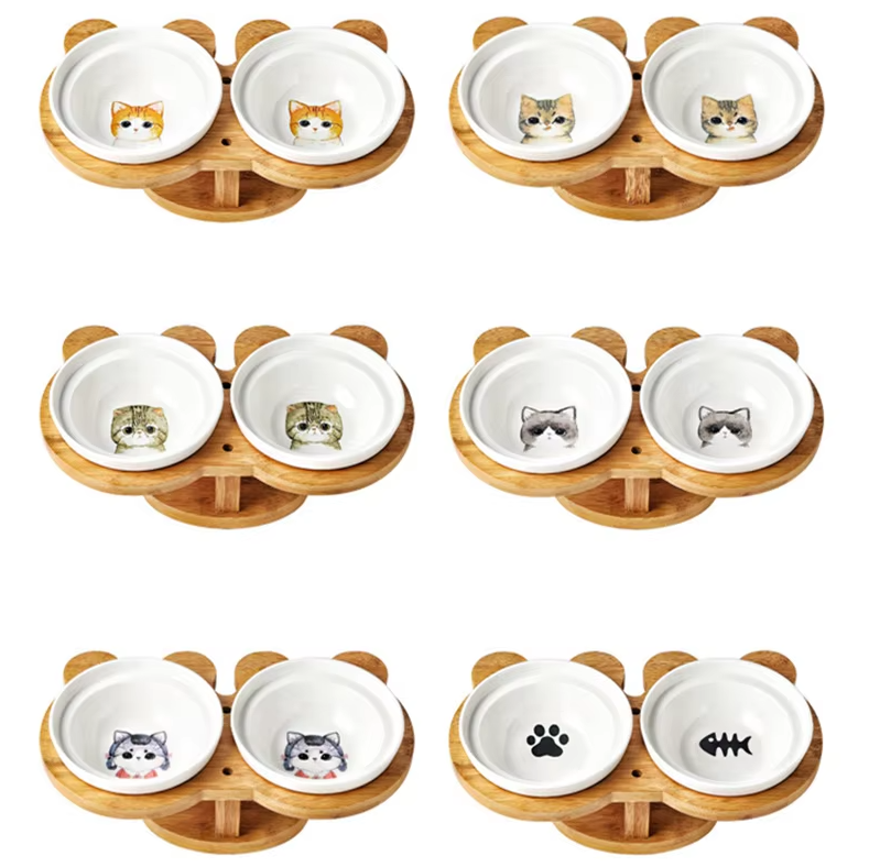 Raised Food Bowl For Cats - Double Ceramic Bowl With Bamboo Stand