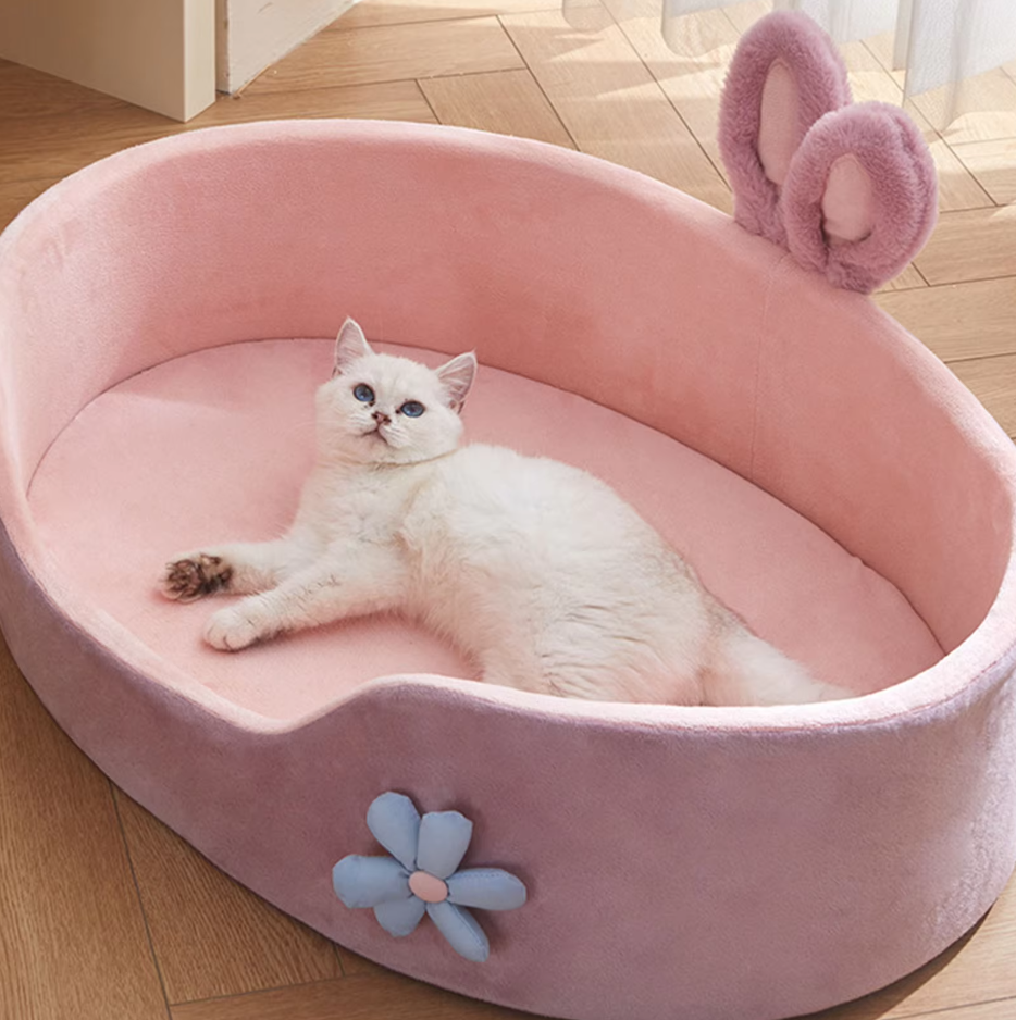 Dog Bed Bunny - Soft Cosy Pet Bed With Ears Flower Decoration