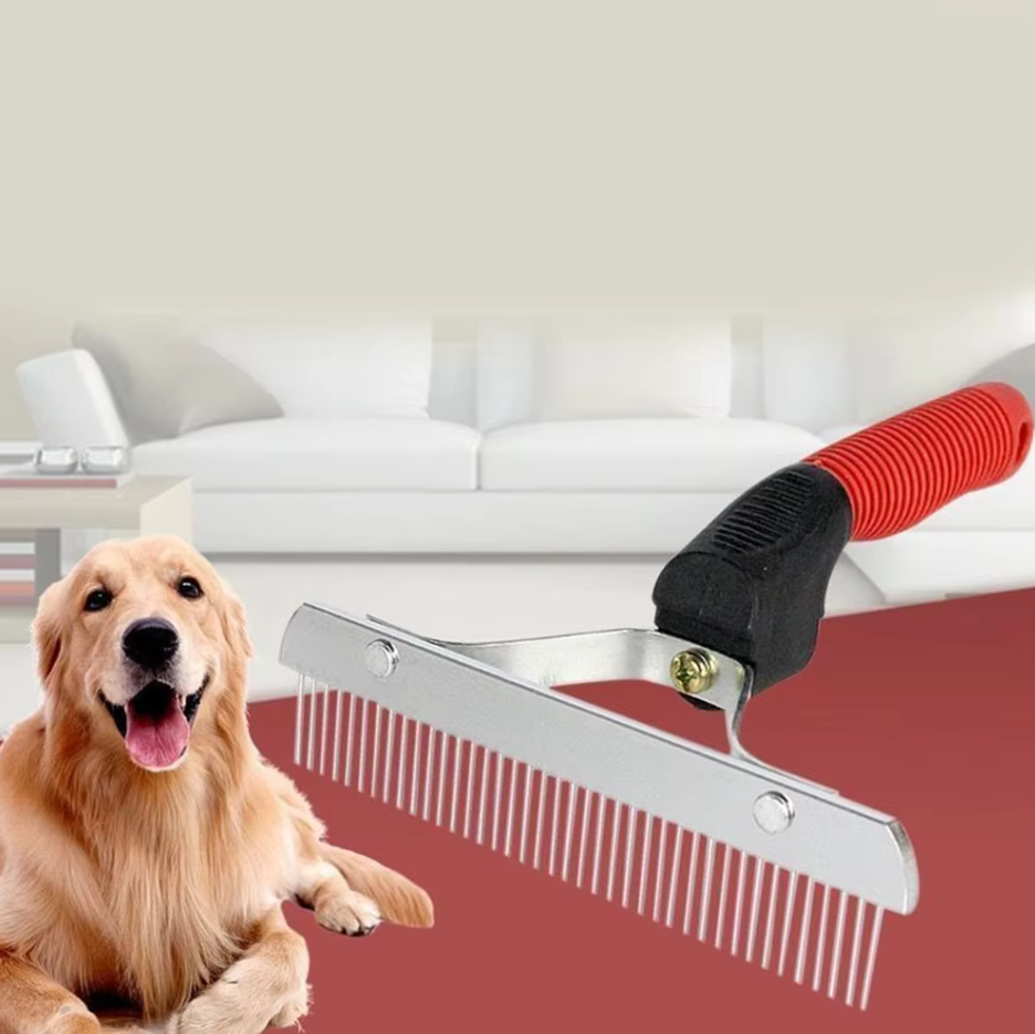 Fur Grooming Rake for Large Dogs with Red Handle and Sturdy Stainless Steel Prongs