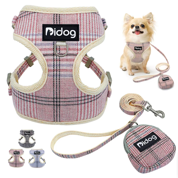 Cosy Dog Harness In Chequered Pattern With Lead - With Practical Dog Bag For Walks
