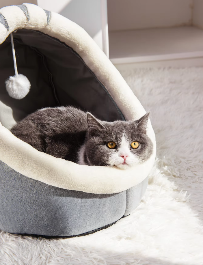 Cuddly Cat Bed Cave - Soft Igloo With Ears Play Ball