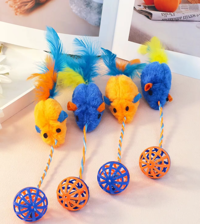 Cat Toy Set - Plush Mice With Feather Balls