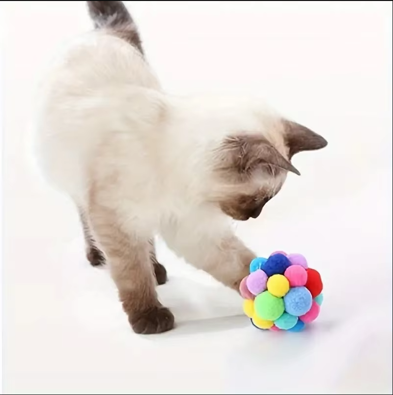 Colourful Pompom Cat Ball - Soft Interactive Toy For Playful House Cats